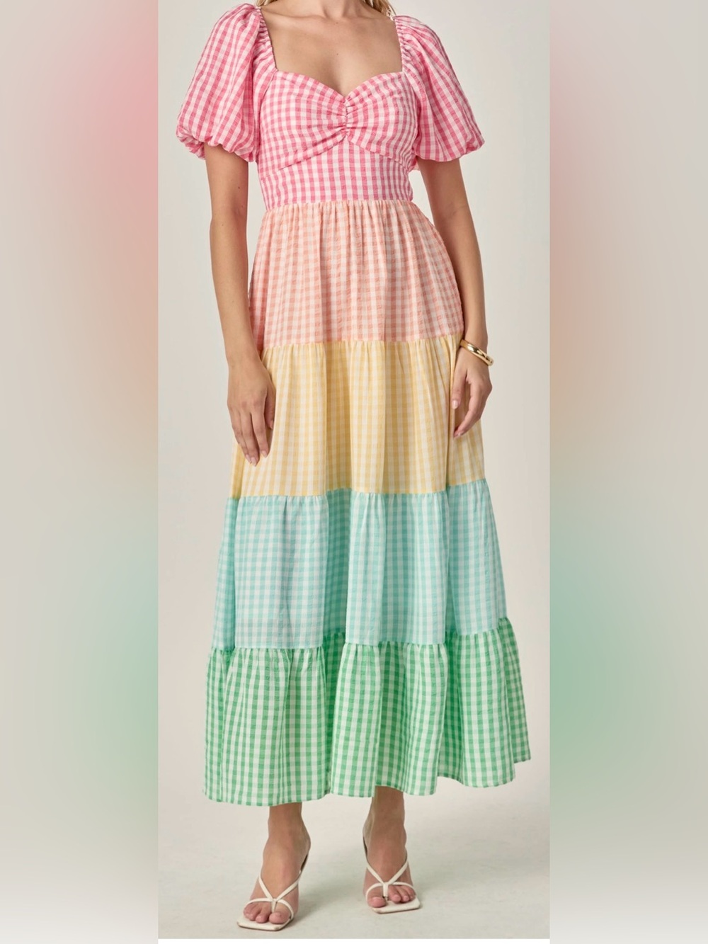 English Factory Pink, Yellow, Aqua & Green Tiered Gingham Maxi Skirt Size Small